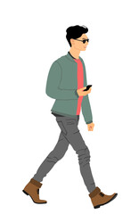 Urban skinny boy with glasses walking vector illustration isolated on white background. Street fashion looking man in modern clothes. Gay person slim fit look.