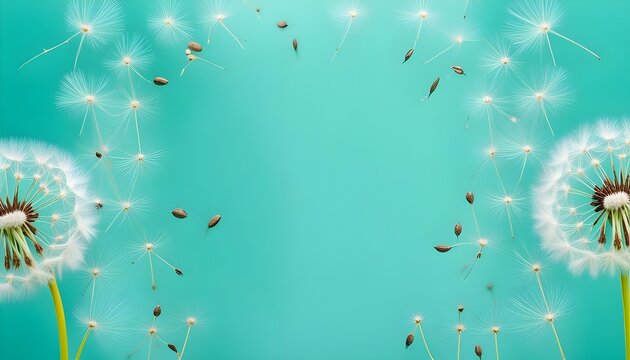 Seeds of dandelion flowers on a mirror with reflection on a turquoise background. Air soft image template Border, life stock, stock images, illustrations