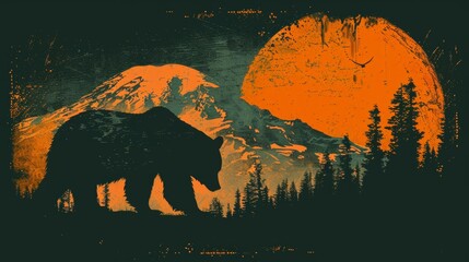 Stylized Bear and Mount Rainier Silhouette Against Orange Moon