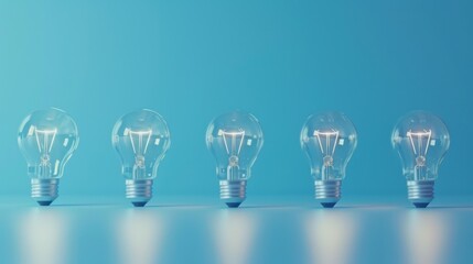 Many row transparent light bulbs electrical on light blue background. AI generated image