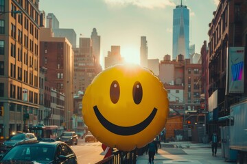 A big yellow smiley face emoji is planted on the city street