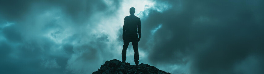 Silhouette of a man standing atop a rugged peak against a dramatic and tumultuous sky.