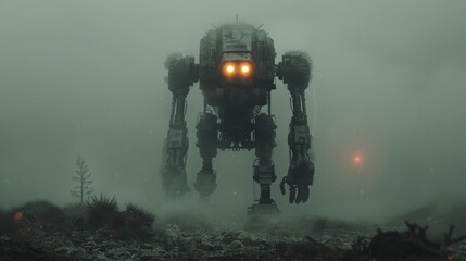 WWI Style Mech Powering Through a Battlefield Scene - obrazy, fototapety, plakaty