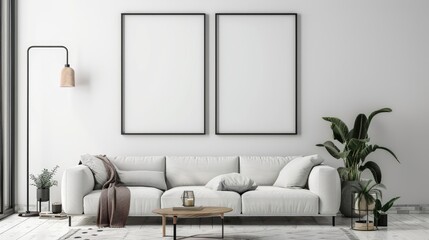 mock up poster frame in modern interior background, living room, Scandinavian style, 3D render