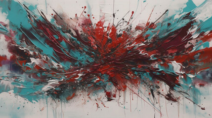 Dynamic bursts of crimson red and turquoise on a clean white canvas, evoking a feeling of excitement and passion.