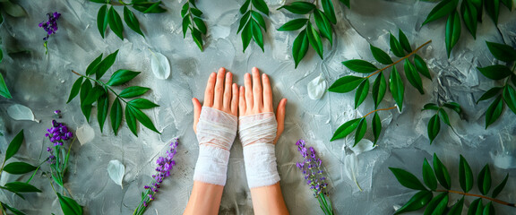 Palms wrapped in gauze amidst green leaves and purple flowers on a textured grey surface, conveying healing and nature's embrace. Organic Bio Cosmetics. Herbal teas. Banner. Copy space