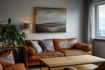 A large, wooden framed painting hangs on the wall above an elegant leather sofa in a Scandinavianstyle living room with light gray walls and a window that opens up to the ocean.