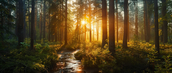 Golden hour in a forest, sunbeams piercing through the dense foliage. Themes of nature and mindfulness.