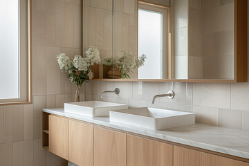 Modern bathroom interior with a large rectangular mirror, two sinks, and faucets located on one wooden cabinet with light beige tiles and a window, a bouquet in a vase on the tabletop.