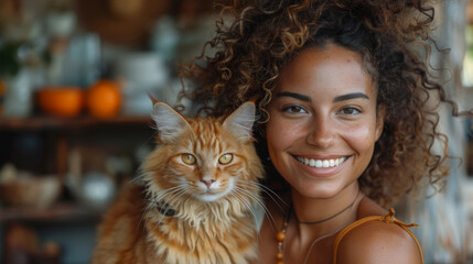 Smiling businesswoman with cat sitting at desk in home office.