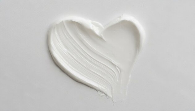 White beauty skincare cream swipe smear in heart shape on white Background. Cosmetics makeup smudge swatches. Top view