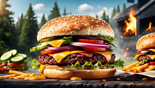 burger, in the style of an outdoors product hero shot in motion, dynamic magazine ad image, photorealism, best selling, food stock, stock photos