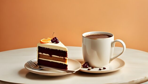 a white mug of coffee and a piece of cake sitting on top of a round table, stock photos, stock images, desserts, cakes and bakes
