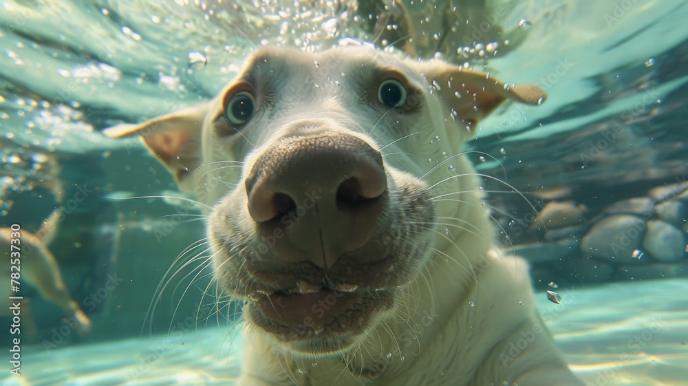 Wall mural dog underwater taking a selfie making a funny face