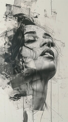 L'Extase : portrait à l'encre en noir et blanc d'une femme dans une posture méditative, le visage illuminé par la grâce