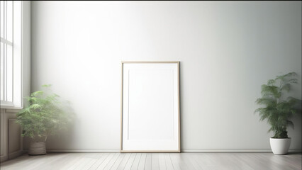 Fototapeta na wymiar A blank canvas, framed and poised for creativity, adorns a pristine white wall.