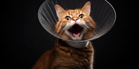 Happy cat in veterinary collar after operation -, concept of Cute feline