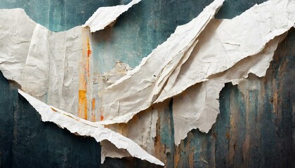 Old white grunge ripped torn collage posters creased crumpled paper placard texture 
background with copy space for text or image
