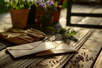 Gardening preparation with gloves, seeds, and flower pots on a rustic wooden table at sunrise. Gardening Gloves and Seeds on Wooden Background