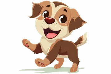 Cute illustrated brown and white puppy happily running, perfect for children's book illustrations
