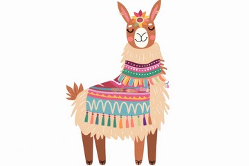 Naklejka premium A whimsical illustration capturing a smiling llama adorned with a vibrant, patterned blanket and floral headpiece, expressing joy