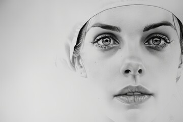 A digital drawing of a woman in sketch style with detailed eyes and a serious expression