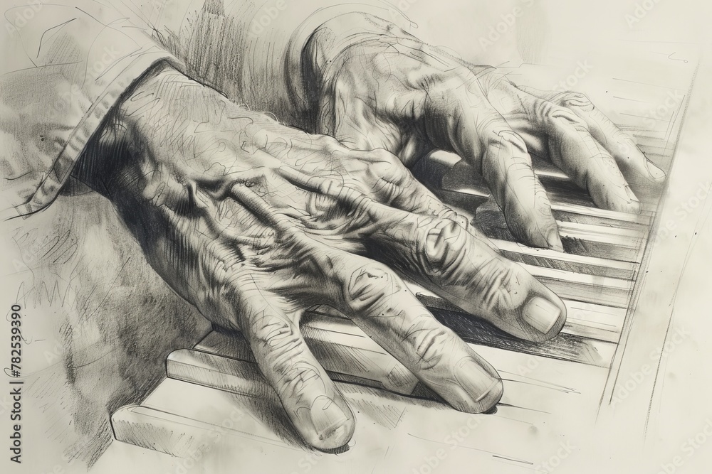 Poster A detailed pencil sketch showcasing the intricate movement of hands playing piano keys with expressive realism