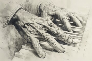 A detailed pencil sketch showcasing the intricate movement of hands playing piano keys with expressive realism
