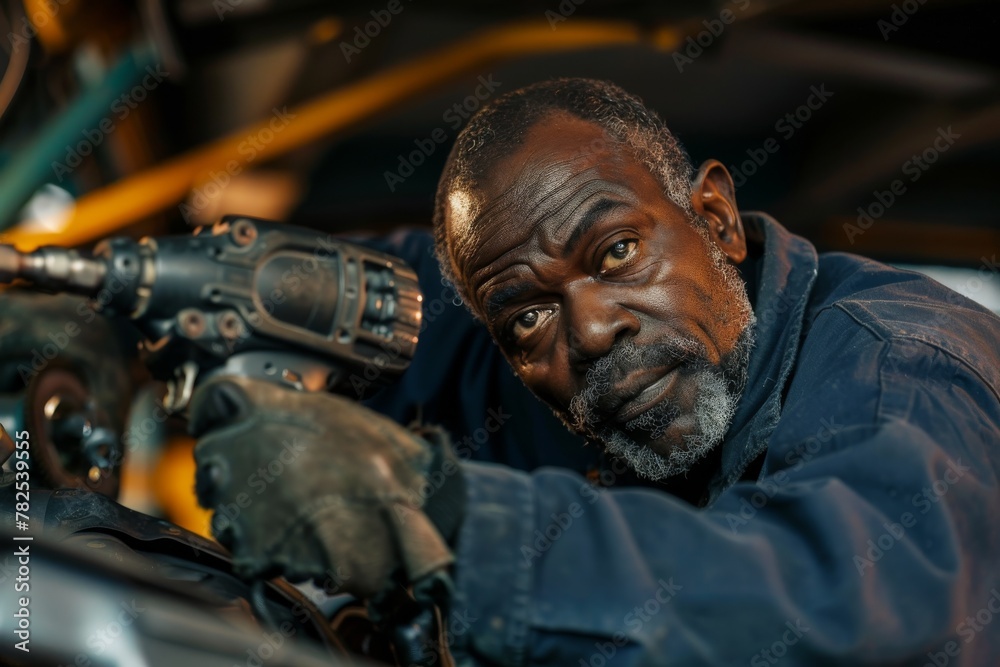 Poster a mechanic is meticulously working under the hood of a car, hands-on with tools, demonstrating exper