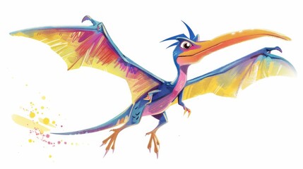 A vivid illustration of a pterodactyl in flight, with bright colors capturing its dynamic and prehistoric essence