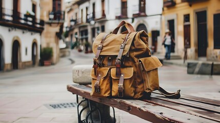 Brown hipster backpack on the bench in Spanish city old town square street. Solo traveler, tourism,...