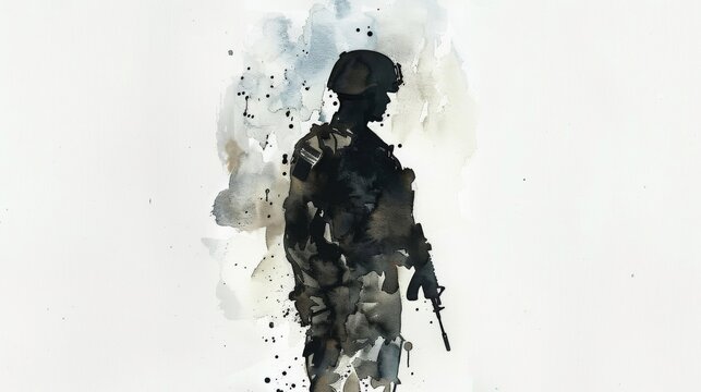 A somber image of a soldier's silhouette, blending into a watercolor backdrop, evoking themes of conflict and peace