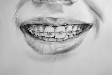 An intricately detailed grayscale drawing of a mouth with teeth clenching braces, showcasing artistic talent