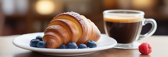 Croissants with berries and coffee on kitchen countertop on wooden table, against blurred...