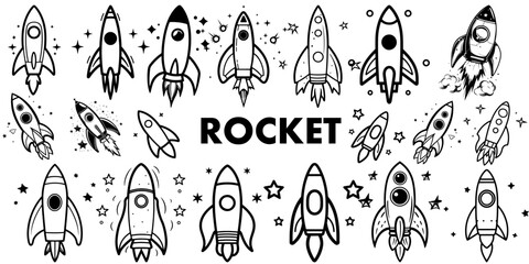 Set of rocket vector icons. Launch spaceship or spacecraft. Rocket fast flying for space. New business start up.