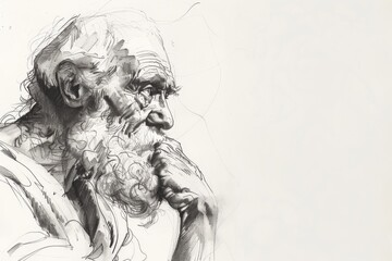Artistic sketch of an elderly man deeply in thought with his hand resting on his chin, symbolizing wisdom
