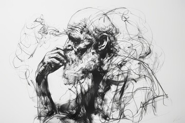An ink drawing of a thoughtful elderly person with a smoky aura, depicting deep contemplation or memory