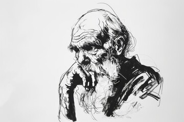 Striking ink drawing of an aged man with his hand on his face contemplating life's complexities