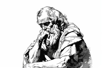 A highly detailed black and white sketch showcases an elderly man deeply engrossed in thoughts, capturing his emotion in silence
