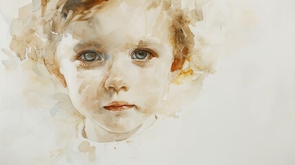 A delicate watercolor painting of the face of a young child with expressive eyes