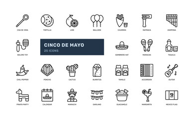 cinco de mayo mexico festive festival celebration outline line icon set - obrazy, fototapety, plakaty