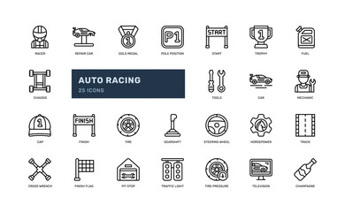 Auto racing car race sport automotive outline line icon set