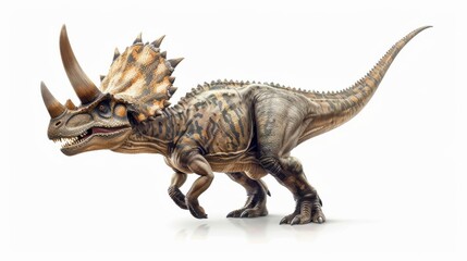 Fototapeta premium A detailed representation of a Triceratops dinosaur model, posed to convey dynamic movement and textured skin
