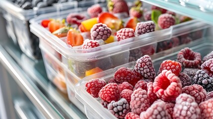 Frozen berries and healthy vegetables are stored in reusable box containers on freezer shelves of refrigerator at home