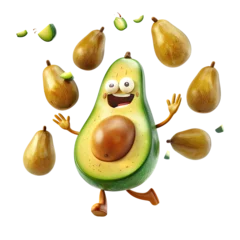 Foto op Plexiglas A whimsical scene featuring a cartoon avocado with pears swirling around it in the air Isolated on transparent © pngking