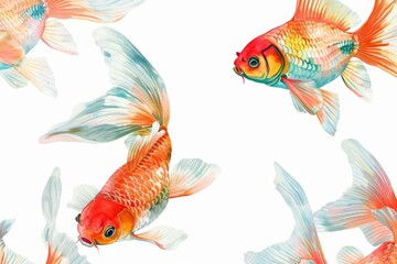Fototapeta premium Artistic portrayal of multiple goldfishes exhibiting diverse poses and angles, ideal for patterns and backgrounds