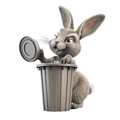 Fototapeta premium Playful cartoon rabbit causing chaos by toppling a garbage can in isolated transparent background