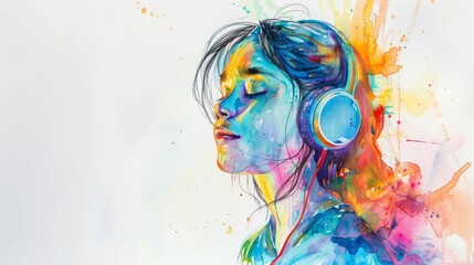 A captivating digital watercolor artwork featuring a serene figure deeply connecting with the music - obrazy, fototapety, plakaty