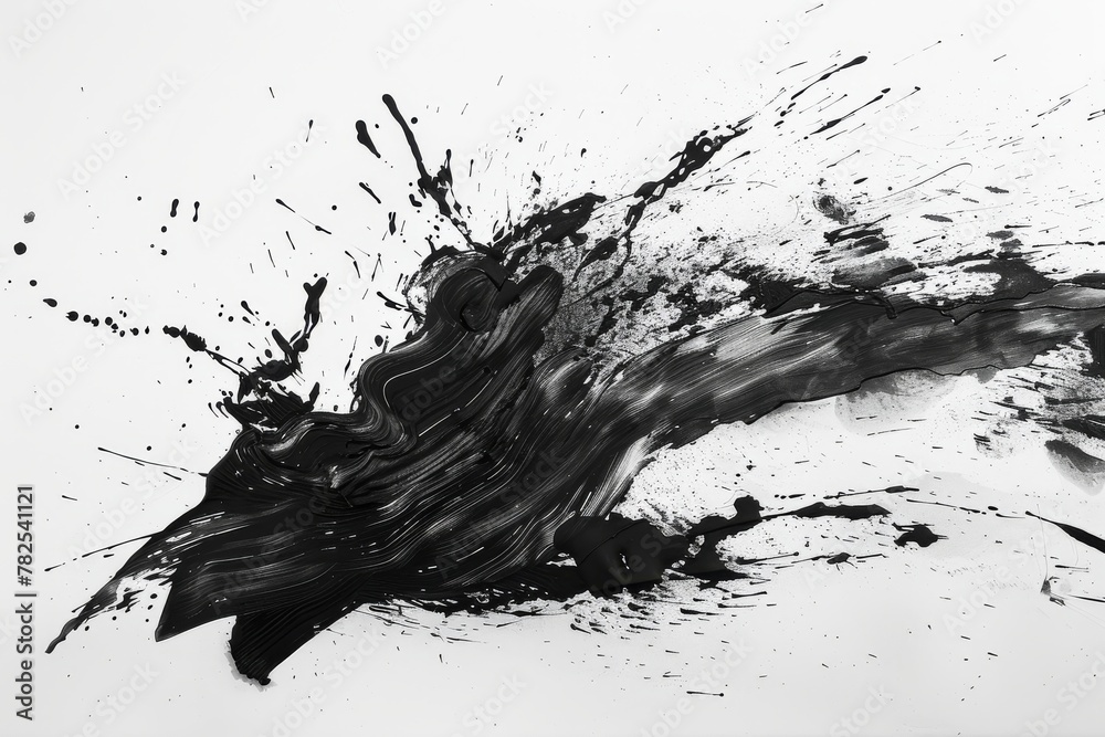 Fototapete dynamic black ink splatter on a pristine white backdrop, capturing motion and the interplay of light