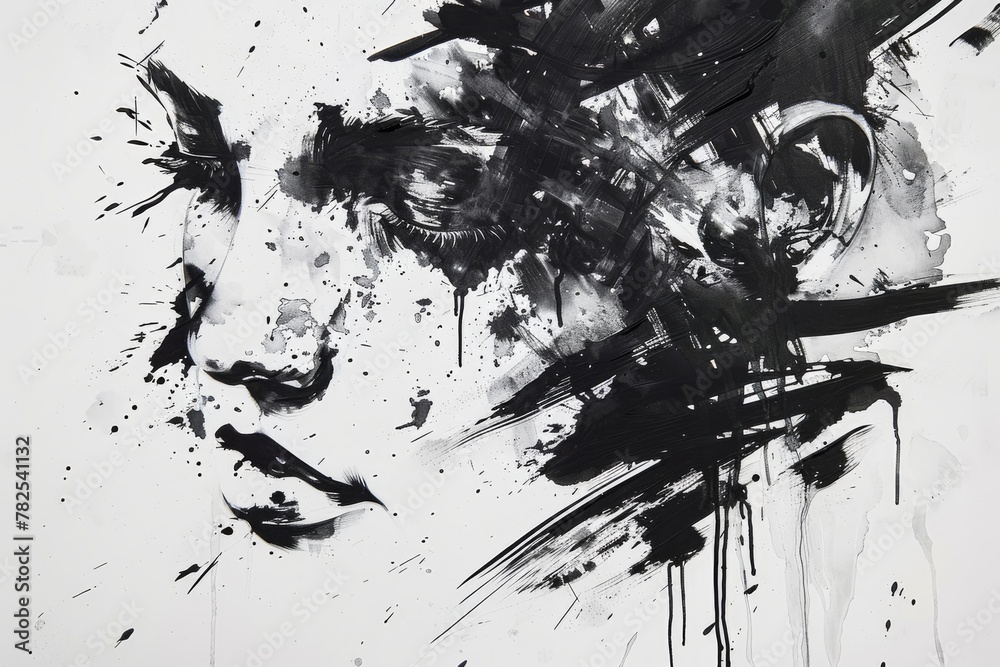 Poster an evocative and expressive monochromatic portrayal of a human face with ink splatters creating a se